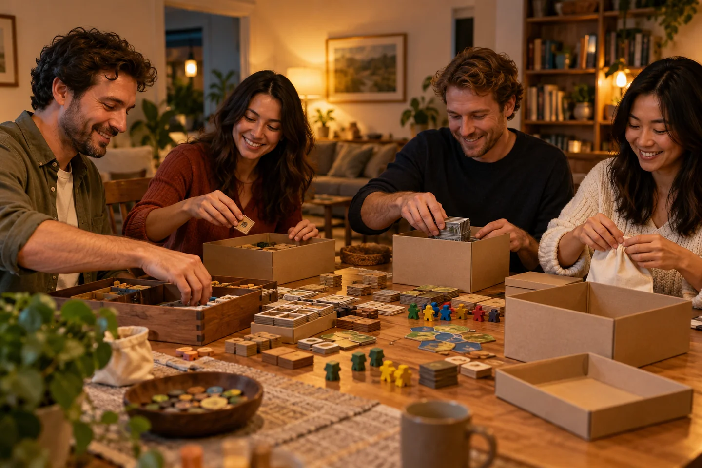 Friends packing game pieces into plain boxes at the end of an evening