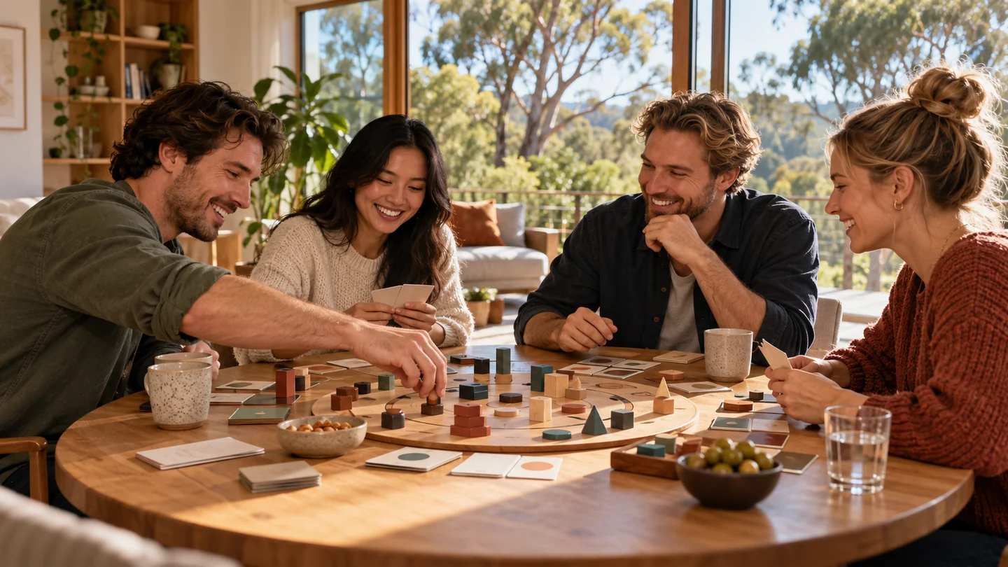 Friends considering a shared game at a round timber table