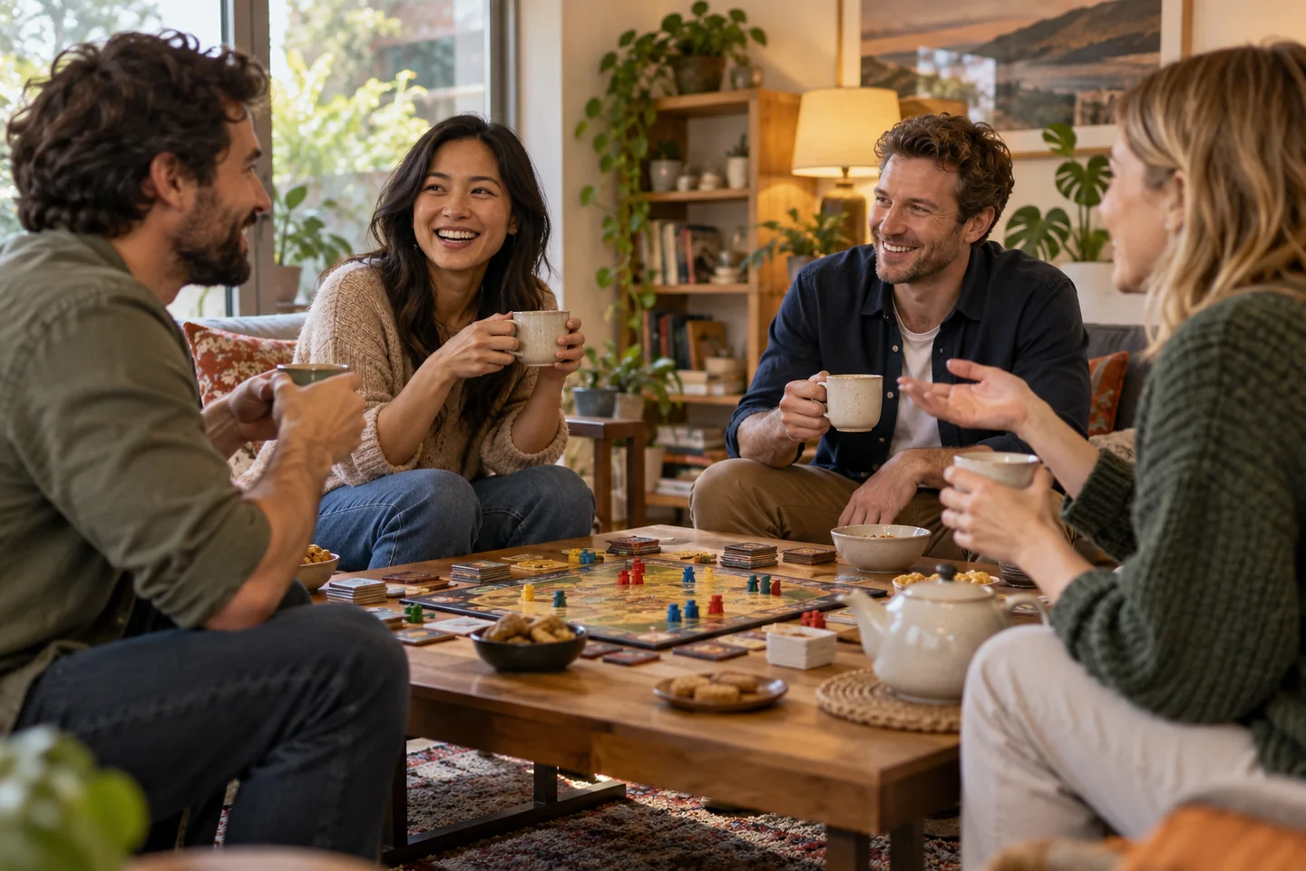 Friends enjoying a tea break beside a game table